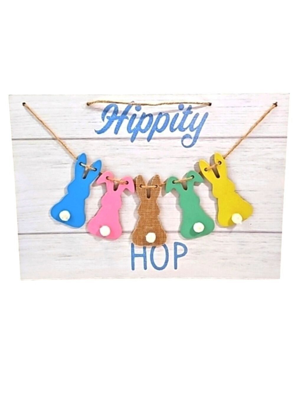 Hand Crafted Easter wall decor hippity hop 5bunnies pastel colors & blue glitter